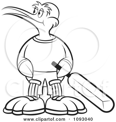 Clipart Outlined Cricket Kiwi Bird Holding A Bat And Looking Left - Royalty Free Vector Illustration by Lal Perera