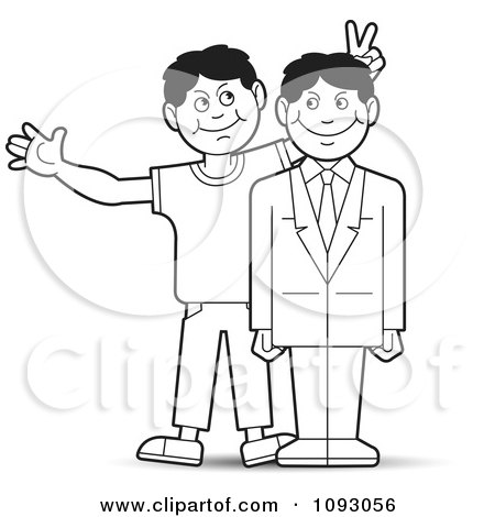Clipart Outlined Man Giving His Professional Brother Bunny Ears For A Photo - Royalty Free Vector Illustration by Lal Perera