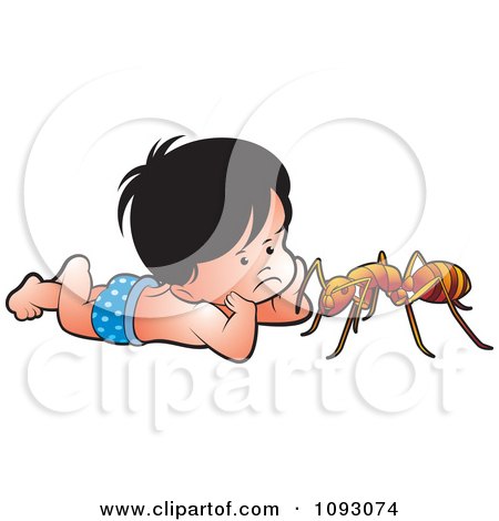 Clipart Boy Resting On His Belly And Watching An Ant - Royalty Free Vector Illustration by Lal Perera