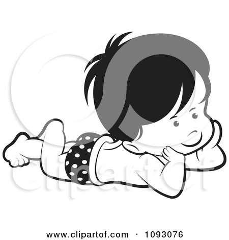 Clipart Black And White Boy Resting On His Belly - Royalty Free Vector Illustration by Lal Perera