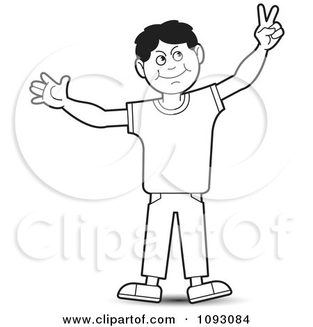 Clipart Outlined Boy Holding Up Bunny Ears Peacve Or Victory - Royalty Free Vector Illustration by Lal Perera