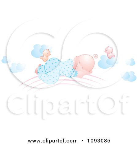 Clipart Two Pink Birds Watching A Baby Sleep On An Arch In The Clouds - Royalty Free Vector Illustration by Lal Perera