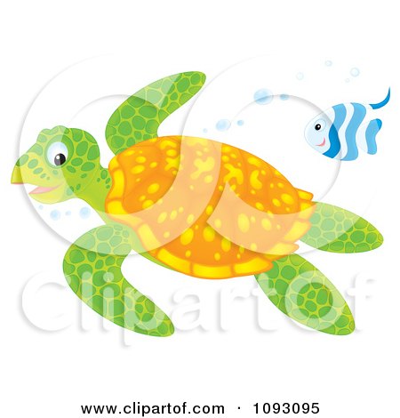 Clipart Swimming Sea Turtle And Fish - Royalty Free Illustration by Alex Bannykh