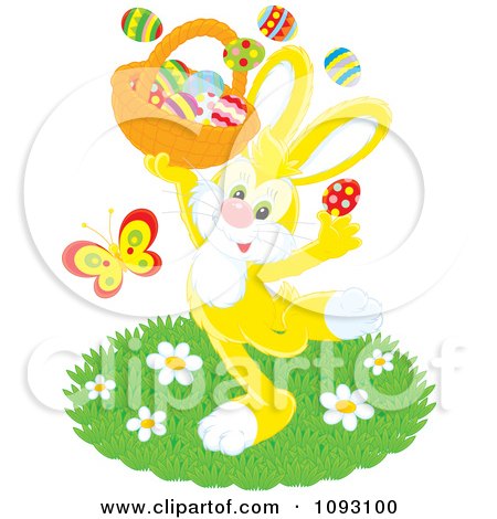 Clipart Happy Yellow Easter Bunny Holding A Basket - Royalty Free Vector Illustration by Alex Bannykh