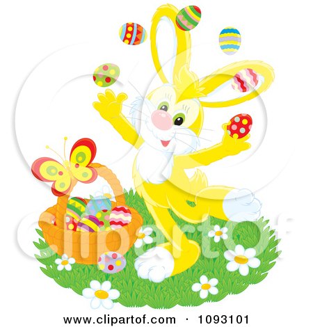 Clipart Happy Yellow Easter Bunny Juggling Eggs - Royalty Free Vector Illustration by Alex Bannykh