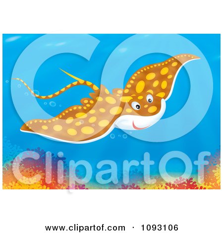 Clipart Speckled Brown Manta Ray Swimming Over A Coral Reef - Royalty Free Illustration by Alex Bannykh
