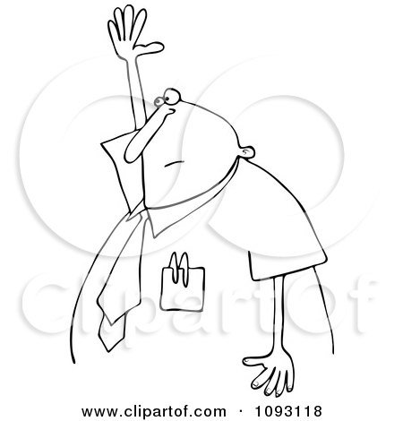 Clipart Outlined Chubby Businessman Raising His Hand To Ask A Question - Royalty Free Vector Illustration by djart