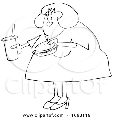 Clipart Outlined Overweight Woman Carrying A Soda And Hamburger - Royalty Free Vector Illustration by djart