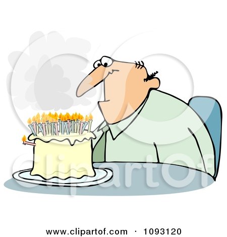 Clipart Depressed Middle Aged Man Sitting In Front Of A Birthday Cake With Smoking Candles - Royalty Free Illustration by djart