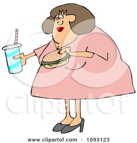 Clipart Obese Woman Carrying A Soda And Hamburger - Royalty Free Vector Illustration by djart