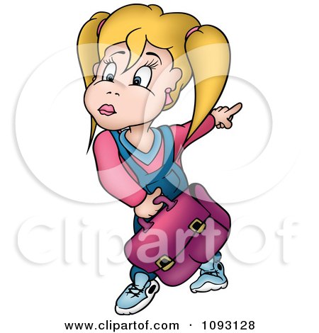 Clipart School Girl Holding A Bag And Pointing Back - Royalty Free Vector Illustration by dero