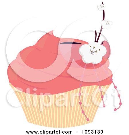 Clipart Pink Frosted Cupcake With A Blossom And Bow - Royalty Free Vector Illustration by Randomway