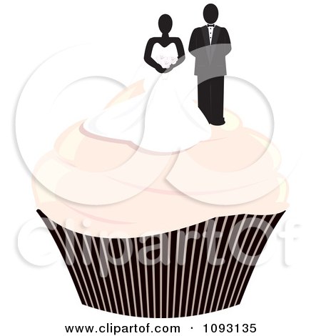 Clipart Pastel Pink Frosted Wedding Cupcake With A Bride And Groom Topper - Royalty Free Vector Illustration by Randomway
