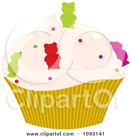 Clipart Pastel Pink Frosted Cupcake With Gummy Bears - Royalty Free Vector Illustration by Randomway
