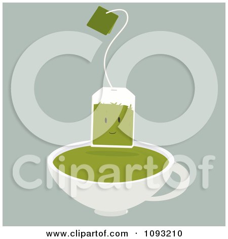 Clipart Green Tea Bag Character Over A Cup - Royalty Free Vector Illustration by Randomway