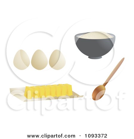Clipart Cut Butter Spoon Eggs And Bowl Of Flour - Royalty Free Vector Illustration by Randomway