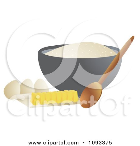 Clipart Bowl Of Flower Spoon Eggs And Sliced Butter - Royalty Free Vector Illustration by Randomway
