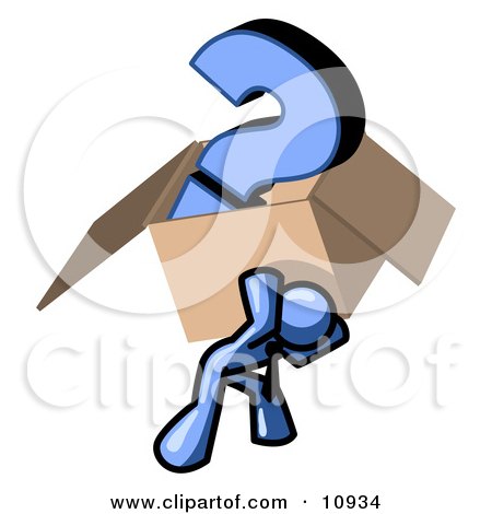 Blue Man Carrying a Heavy Question Mark in a Box Clipart Illustration by Leo Blanchette