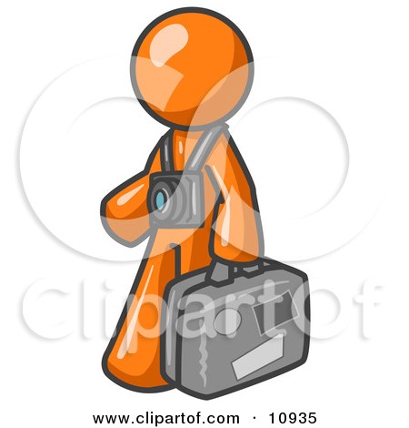 Orange Male Tourist Carrying His Suitcase and Walking With a Camera Around His Neck Clipart Illustration by Leo Blanchette