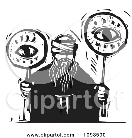Clipart Blind Man Holding Two Eyes On Sticks Black And White Woodcut - Royalty Free Vetor Illustration by xunantunich