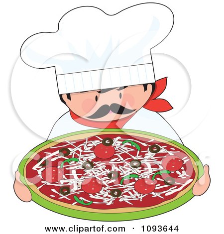 Clipart Itialian Chef Holding A Supreme Pizza - Royalty Free Vector Illustration by Maria Bell