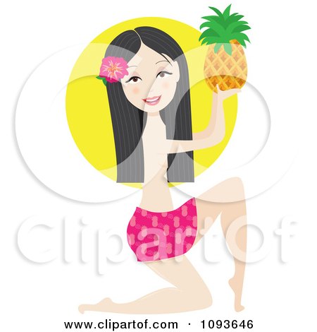 Clipart Kneeling Hawaiian Woman Holding A Pineapple - Royalty Free Vector Illustration by Maria Bell