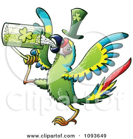 Clipart St Patricks Day Macaw Parrot Drinking Green Beer - Royalty Free Vector Illustration by Zooco