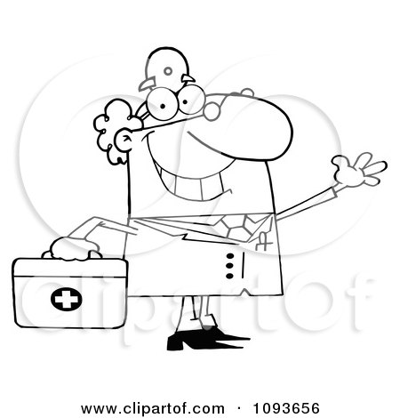 Clipart Outlined Waving Male Doctor With A First Aid Kit - Royalty Free Vector Illustration by Hit Toon