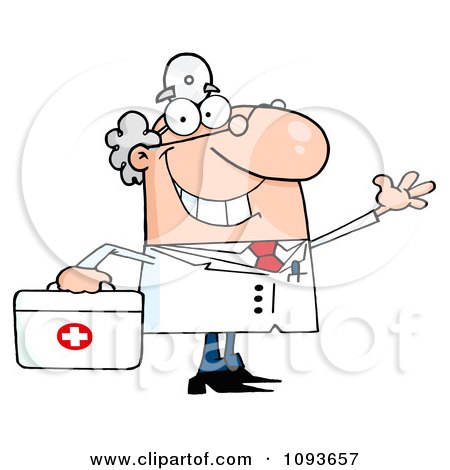 Clipart Waving Caucasian Male Doctor With A First Aid Kit - Royalty Free Vector Illustration by Hit Toon