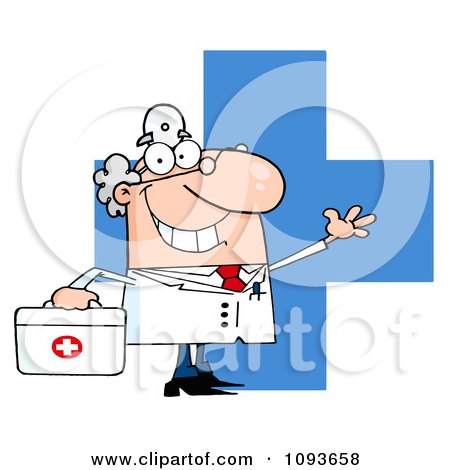 Clipart Waving Caucasian Male Doctor Over A Cross With A First Aid Kit - Royalty Free Vector Illustration by Hit Toon