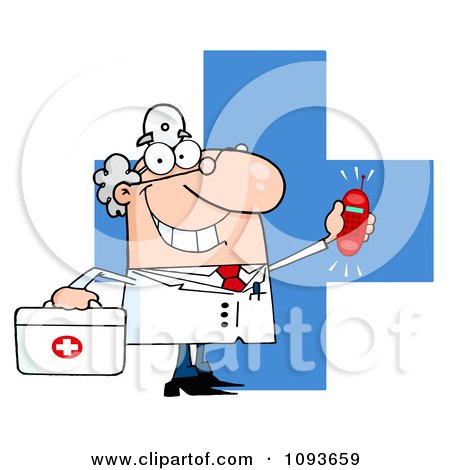Clipart Waving Caucasian Male Doctor Holding A Ringing Phone Over A Cross - Royalty Free Vector Illustration by Hit Toon
