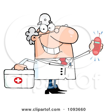 Clipart Waving Caucasian Male Doctor Holding A Ringing Cell Phone - Royalty Free Vector Illustration by Hit Toon