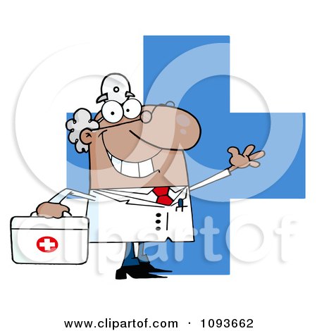 Clipart Waving Hispanic Male Doctor By A Cross With A First Aid Kit - Royalty Free Vector Illustration by Hit Toon