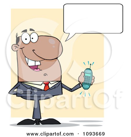 Clipart Talking Hispanic Businessman Holding A Ringing Cell Phone - Royalty Free Vector Illustration by Hit Toon