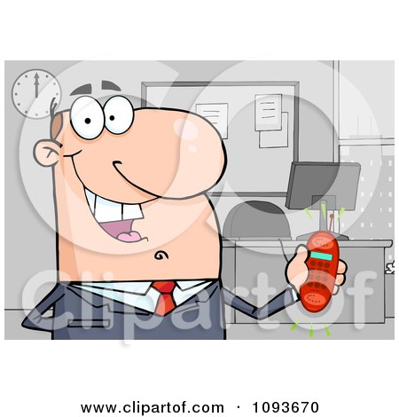 Clipart Caucasian Businessman Holding A Ringing Cell Phone In An Office - Royalty Free Vector Illustration by Hit Toon