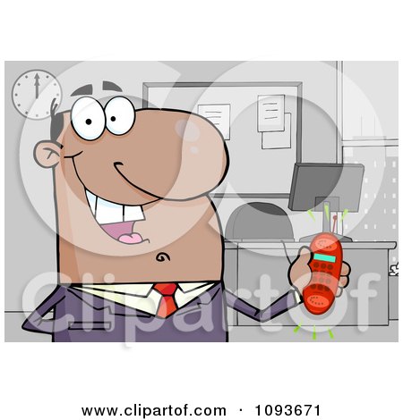 Clipart Hispanic Businessman Holding A Ringing Cell Phone In An Office - Royalty Free Vector Illustration by Hit Toon