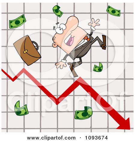 Clipart Hispanic Businessman Tripping And Dropping Money On A Graph - Royalty Free Vector Illustration by Hit Toon