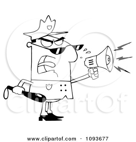 Clipart Black And White Male Police Officer Shouting Through A Megaphone - Royalty Free Vector Illustration by Hit Toon