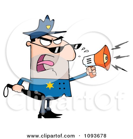 Clipart Caucasian Male Police Officer Shouting Through A Megaphone - Royalty Free Vector Illustration by Hit Toon