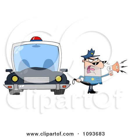 Clipart Strict Caucasian Male Police Officer Shouting Through A Megaphone By A Cop Car - Royalty Free Vector Illustration by Hit Toon