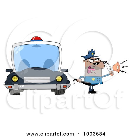 Clipart Strict Hispanic Male Police Officer Shouting Through A Megaphone By A Cop Car - Royalty Free Vector Illustration by Hit Toon