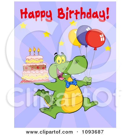 Clipart Happy Birthday Greeting Over An Alligator With Balloons And Cake - Royalty Free Vector Illustration by Hit Toon