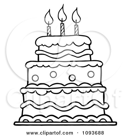 Clipart Outlined Layered Birthday Cake With Three Candles - Royalty Free Vector Illustration by Hit Toon
