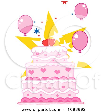 Clipart Pink Heart Cake With Balloons And Stars - Royalty Free Vector Illustration by Hit Toon