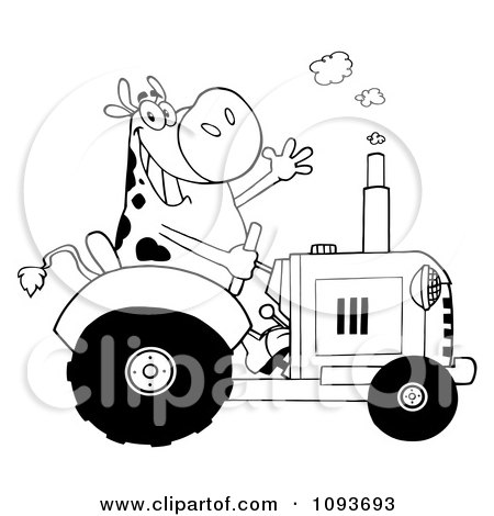 Clipart Black And White Cow Farmer Waving And Driving A Tractor - Royalty Free Vector Illustration by Hit Toon