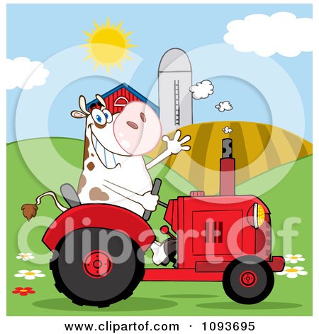 Clipart Cow Farmer Waving And Driving A Red Tractor In A Field - Royalty Free Vector Illustration by Hit Toon