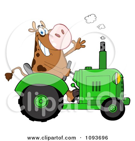 Clipart Cow Farmer Waving And Driving A Green Tractor - Royalty Free Vector Illustration by Hit Toon