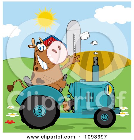 Clipart Cow Farmer Waving And Driving A Turquoise Tractor In A Field - Royalty Free Vector Illustration by Hit Toon