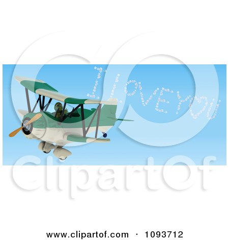 Clipart 3d Tortoise Flying A Red Biplane And Writing I Love You In The Sky - Royalty Free Illustration by KJ Pargeter