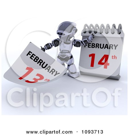 Clipart 3d Silver Robot Changing A Desk Calendar To Valentines Day - Royalty Free CGI Illustration by KJ Pargeter
